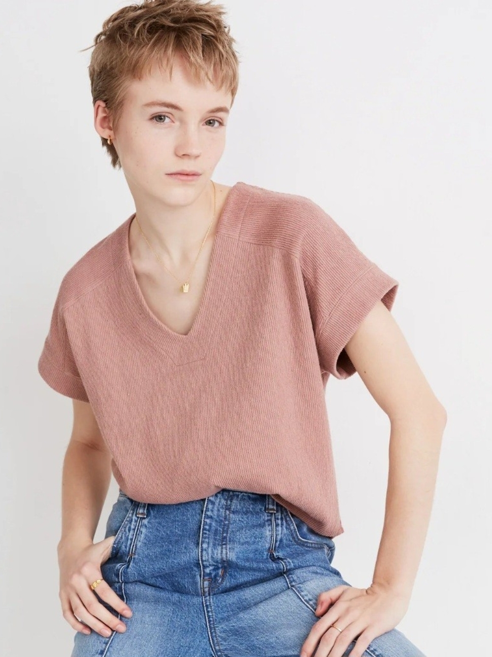 Madewell Dusty Rose V-Neck Knit Top  Size M